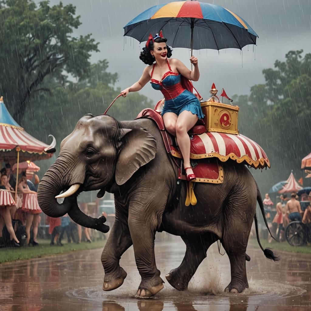 pinup riding a circus elephant under the rain