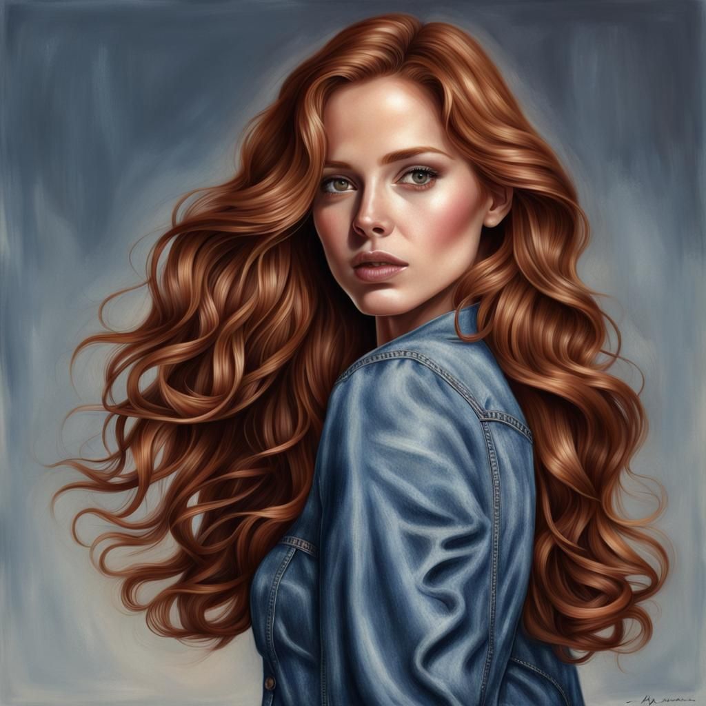 Hyperrealistic Redhead Woman in Denim Dress