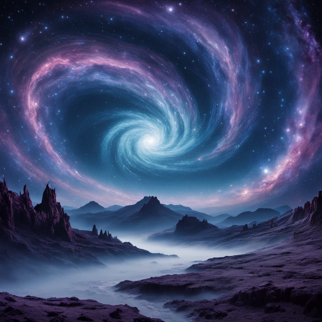Dreamy Cosmic Landscape in Vibrant Blues and Purples