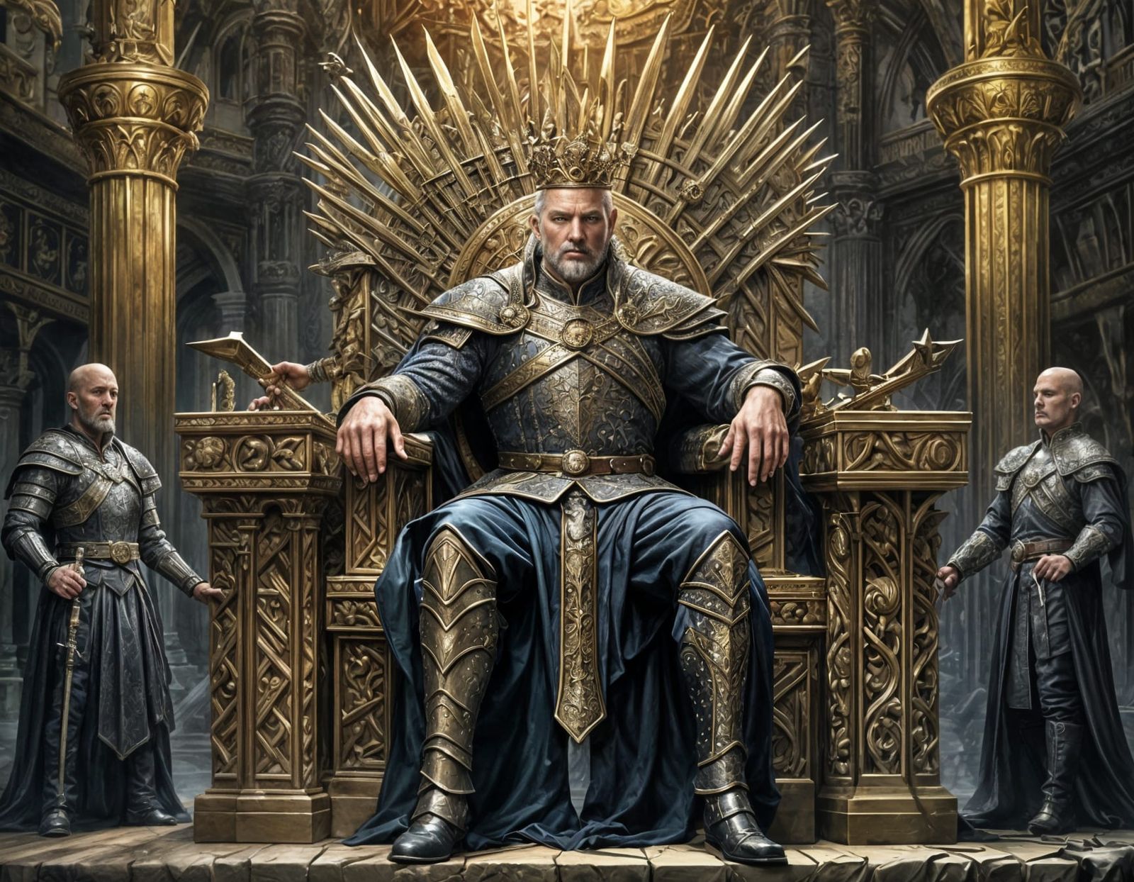 King on Sword Throne in Comic Book Style