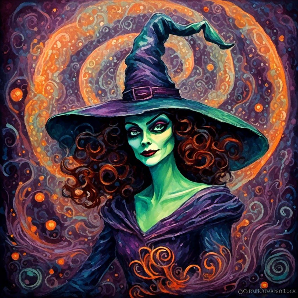 Wicked witch casting dark magic art deco kinetic pointillism...