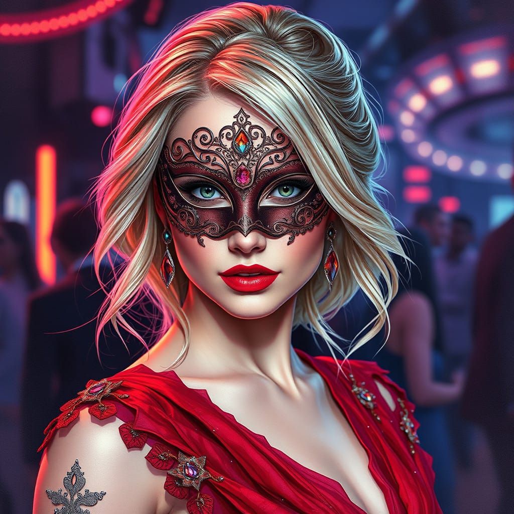 Cyberpunk Goddess in Red Masquerade Gown