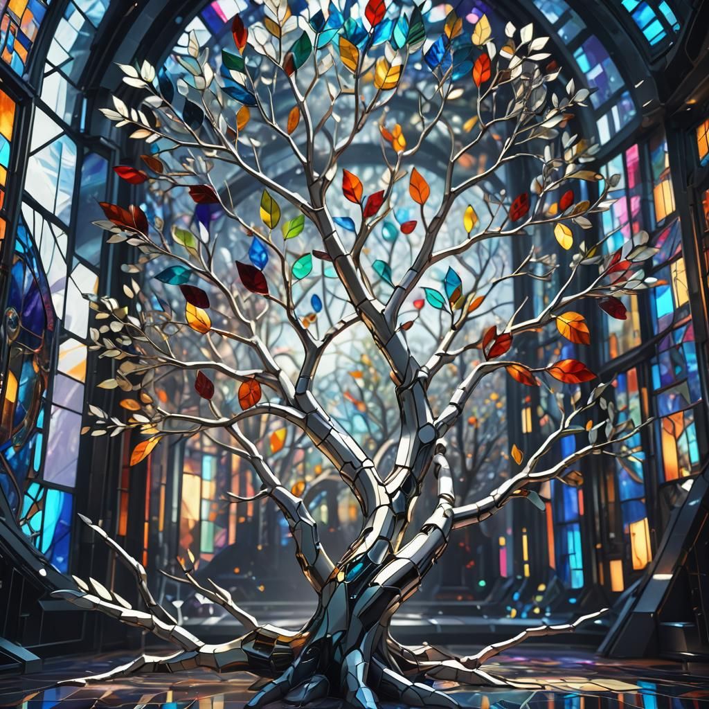 Futuristic Stained Glass Tree Branch in Sci-Fi Art