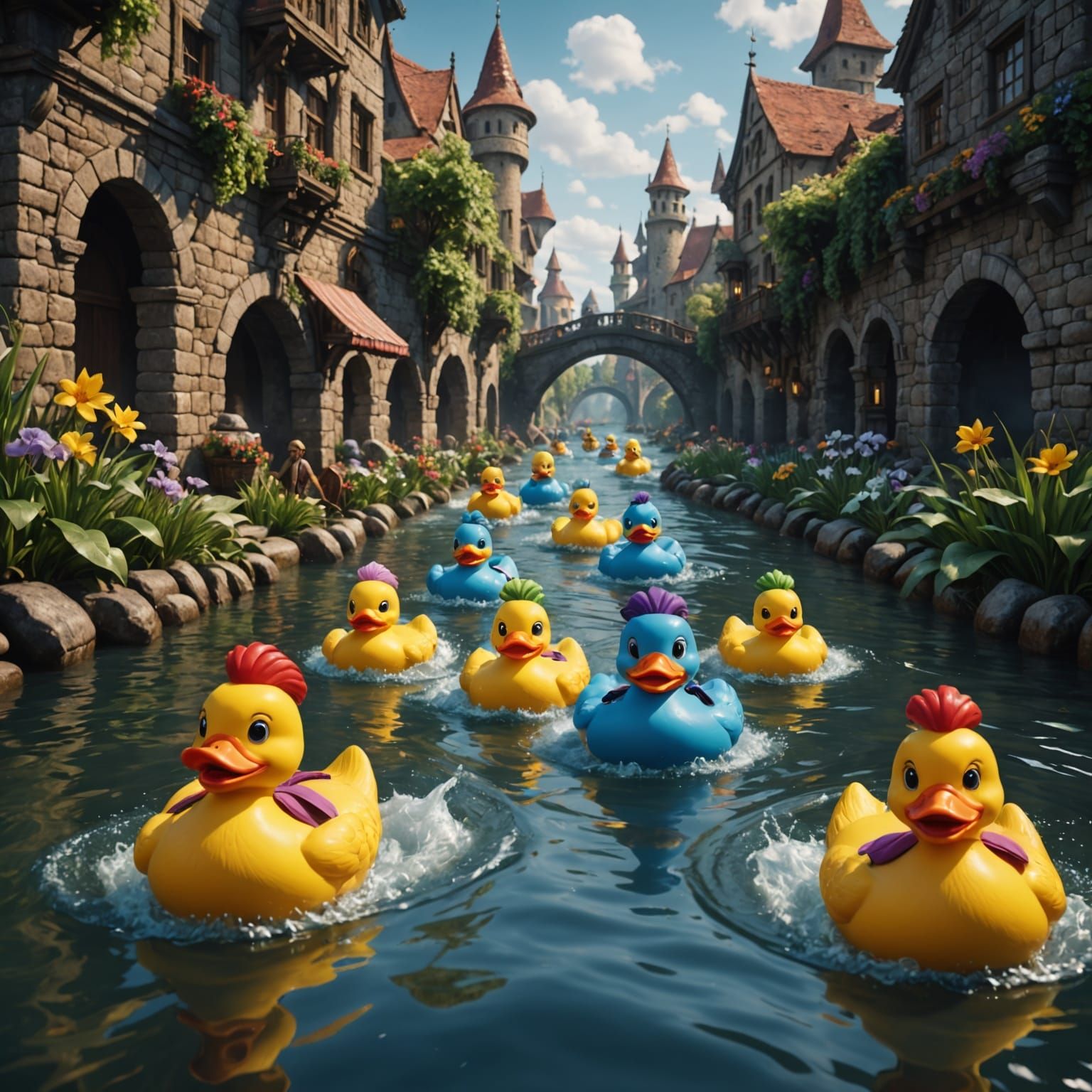 Vibrant Rubber Duckies Racing in a Fantastical River Landsca...
