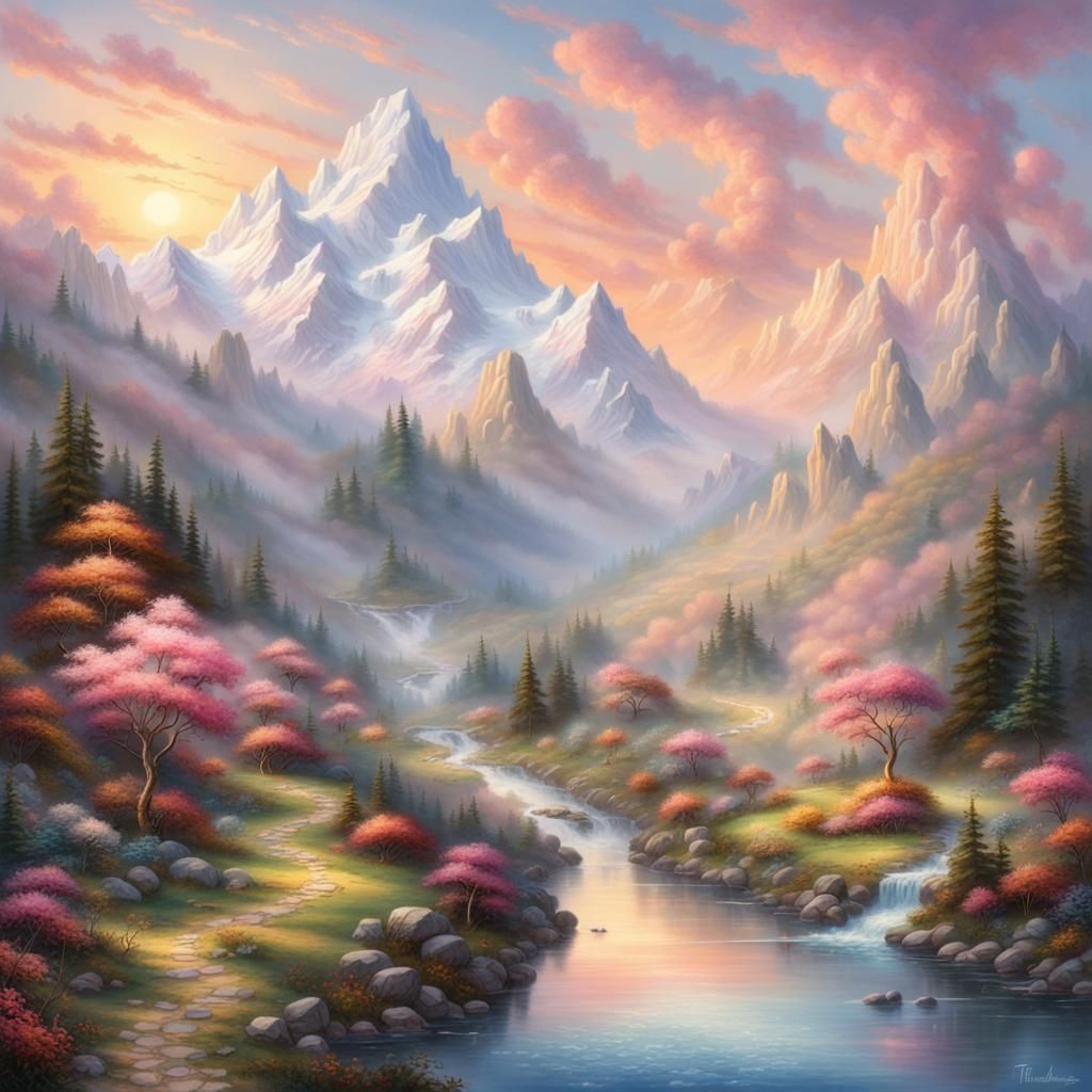 Fantasy Mountain Sunset with Cotton Candy Clouds