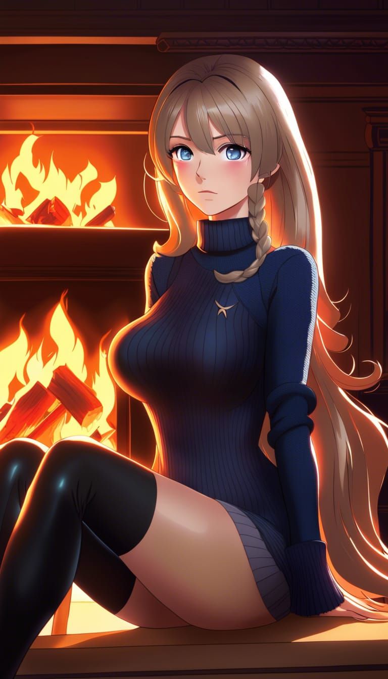 Anime Style Portrait of Girl by Fireplace