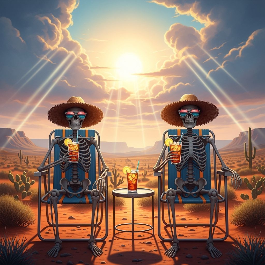 Skeletons Relaxing in Desert Landscape with Iced Tea
