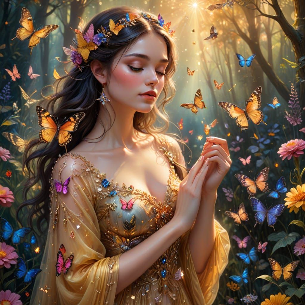 Ethereal woman in a dress of vibrant flowers. Crystals and delicate butterflies, radiating beauty and magic, expressive ...