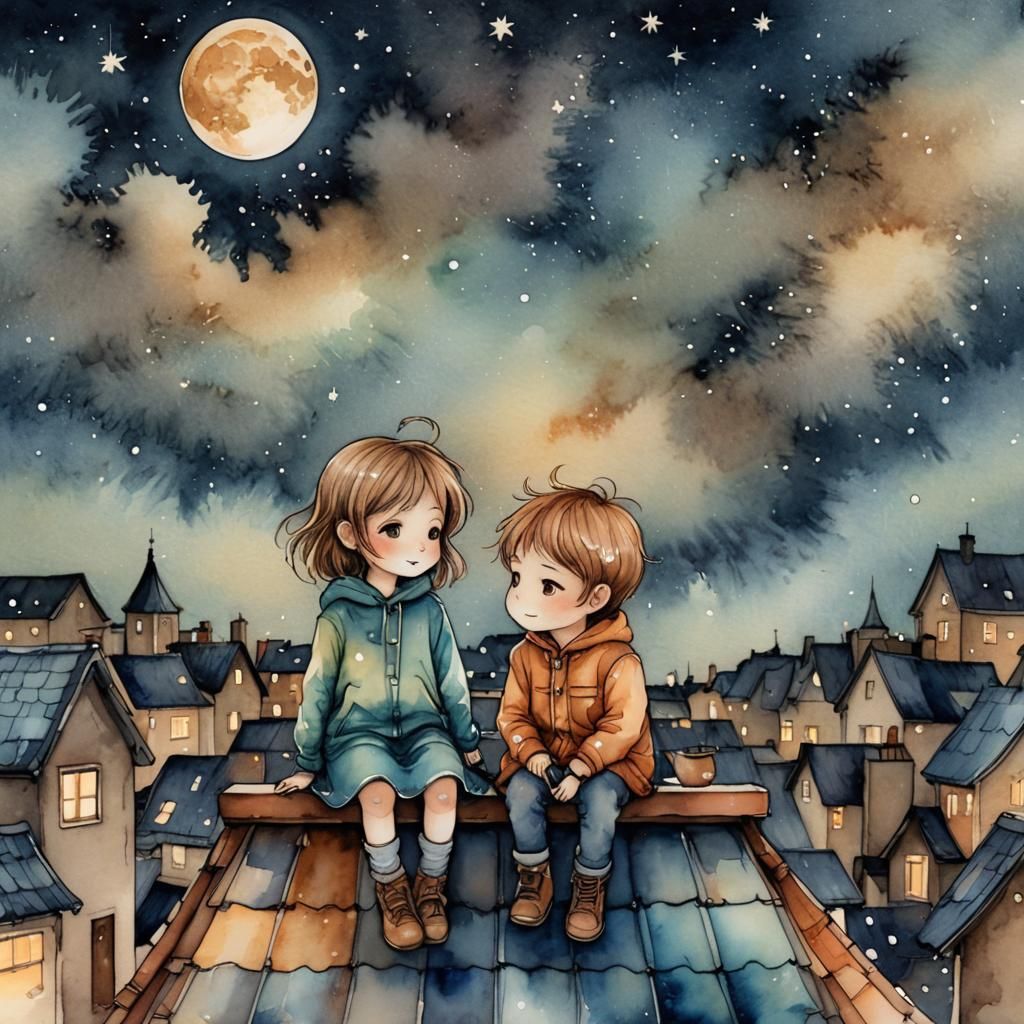 Chibi Children Watch Starry Night Sky in Watercolor