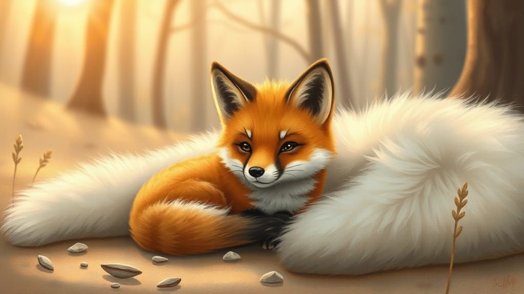 Fox Cub in Forest Clearing, Whimsical Art