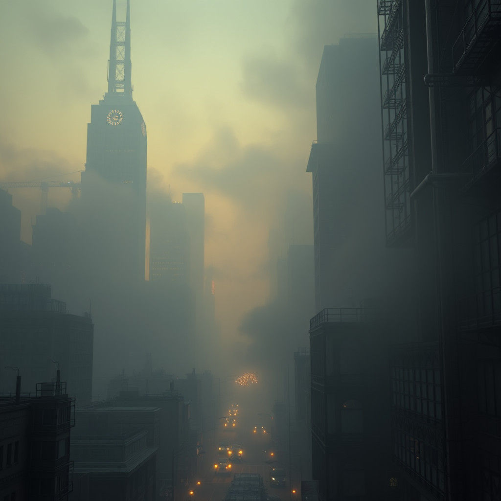 Smog-Filled Cityscape at Dusk in Hyperrealistic Style