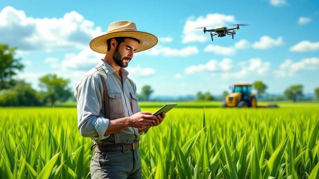 Modern Farmer in Paddy Field with Digital Technology