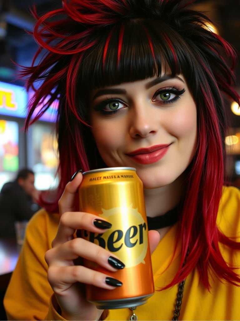 Punk Woman with Voluminous Hair Holding Beer