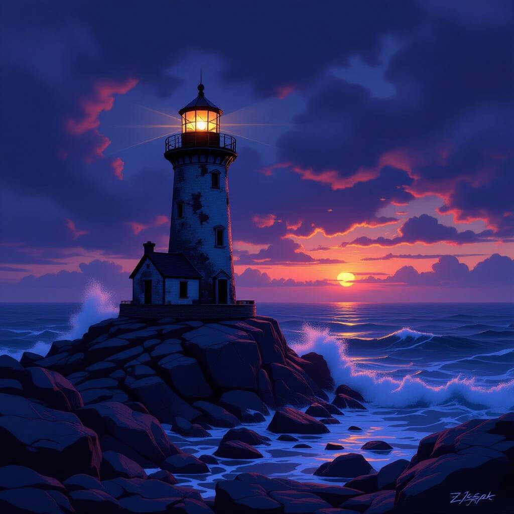 Weathered Lighthouse Against Stormy Sea in Twilight