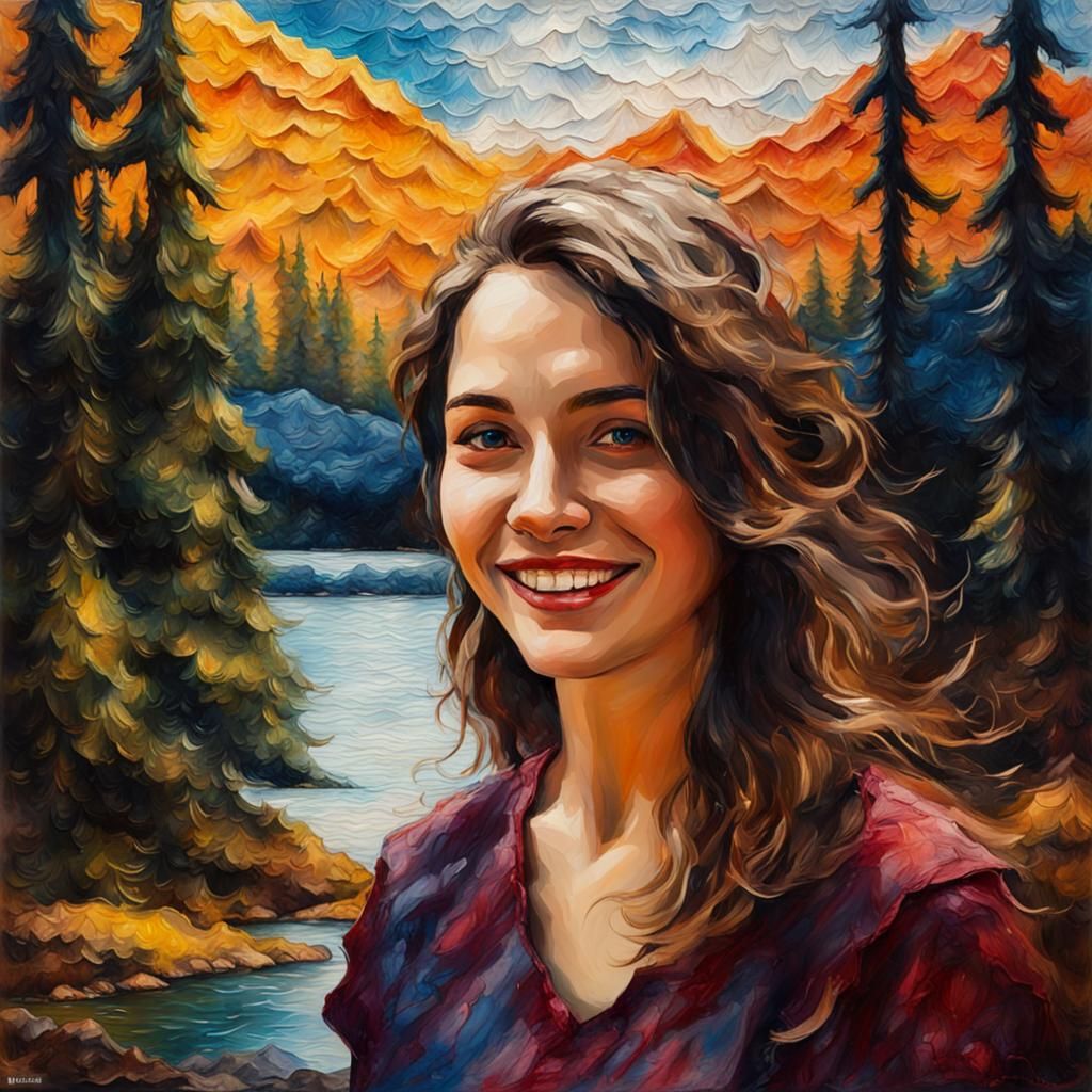 Encaustic Impasto Landscape Painting of Smiling Woman