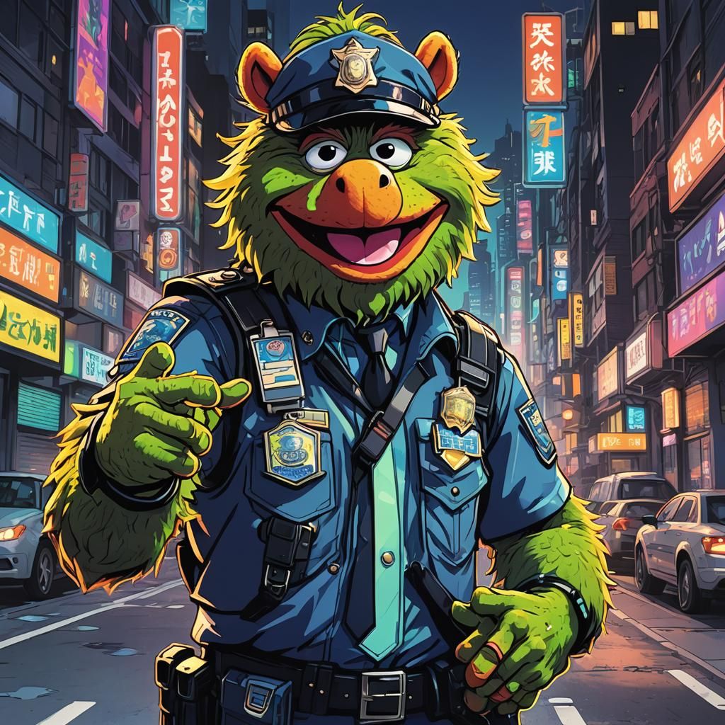 Monster Muppet Police Officer in Cel-Shaded Manga Style