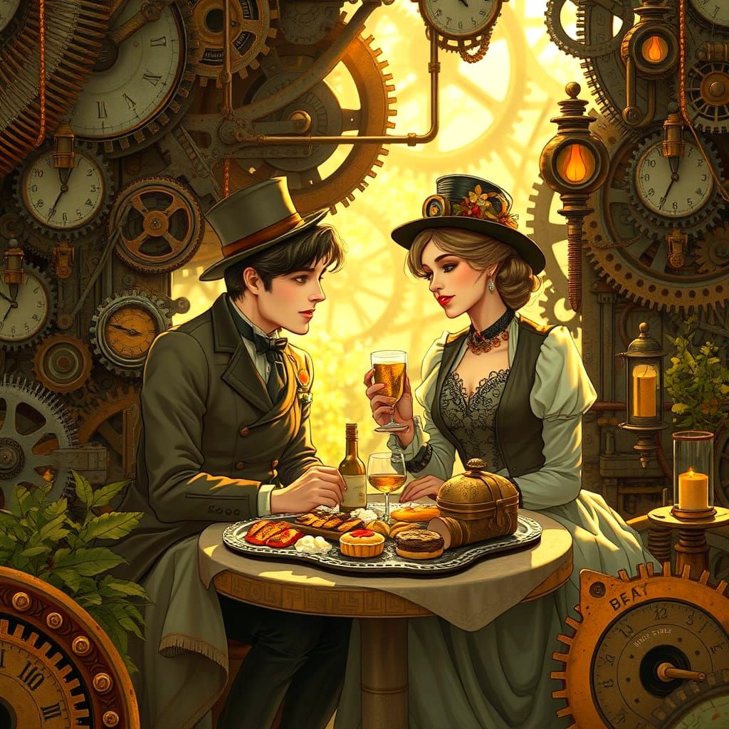 Steampunk Couple Romantic Picnic Scene