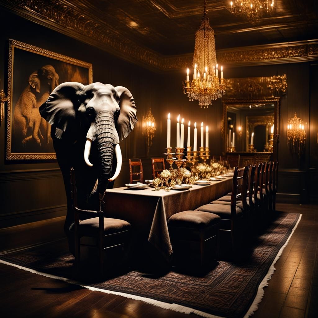 Elegant Elephants Dine: Chiaroscuro Rembrandt Style