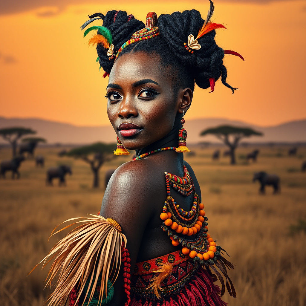 African Woman in Pop Art Savannah Landscape