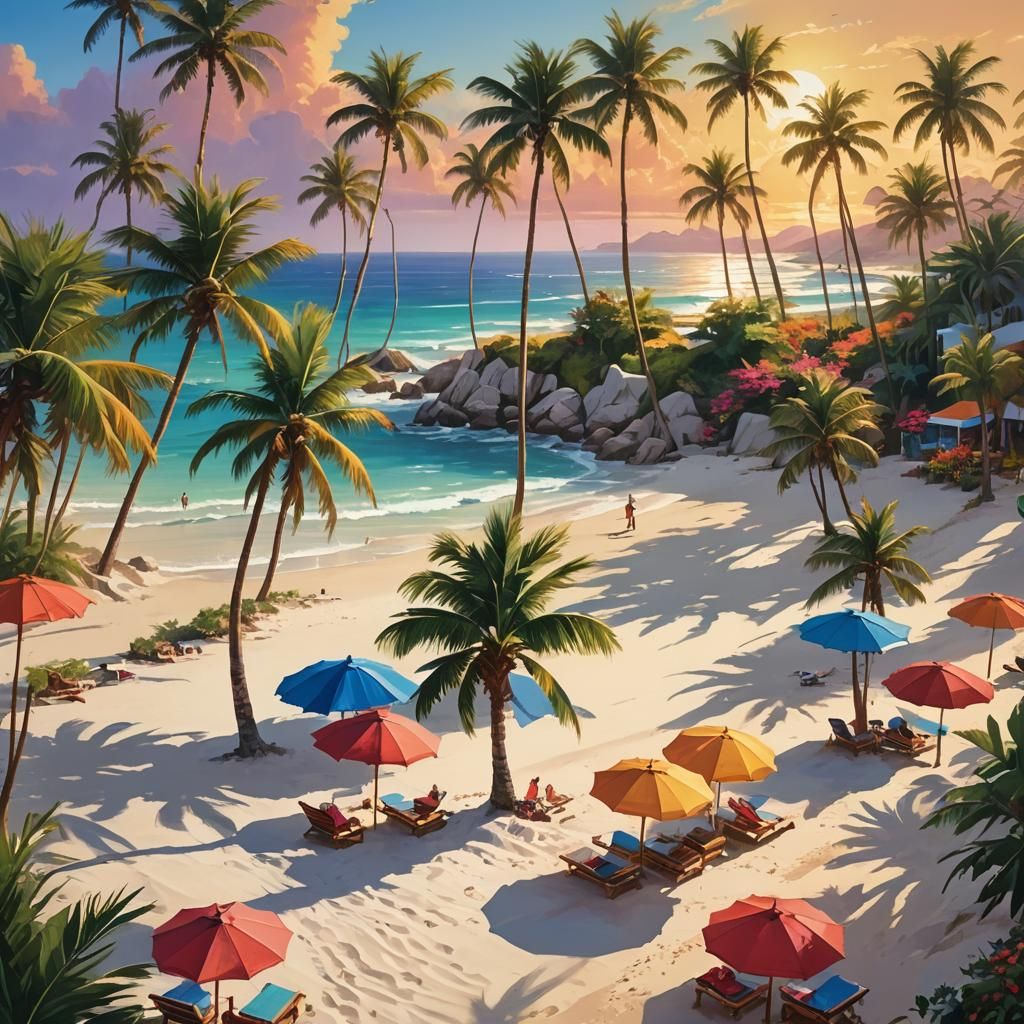 Coastal Paradise Sunset: Detailed Matte Painting in 8K