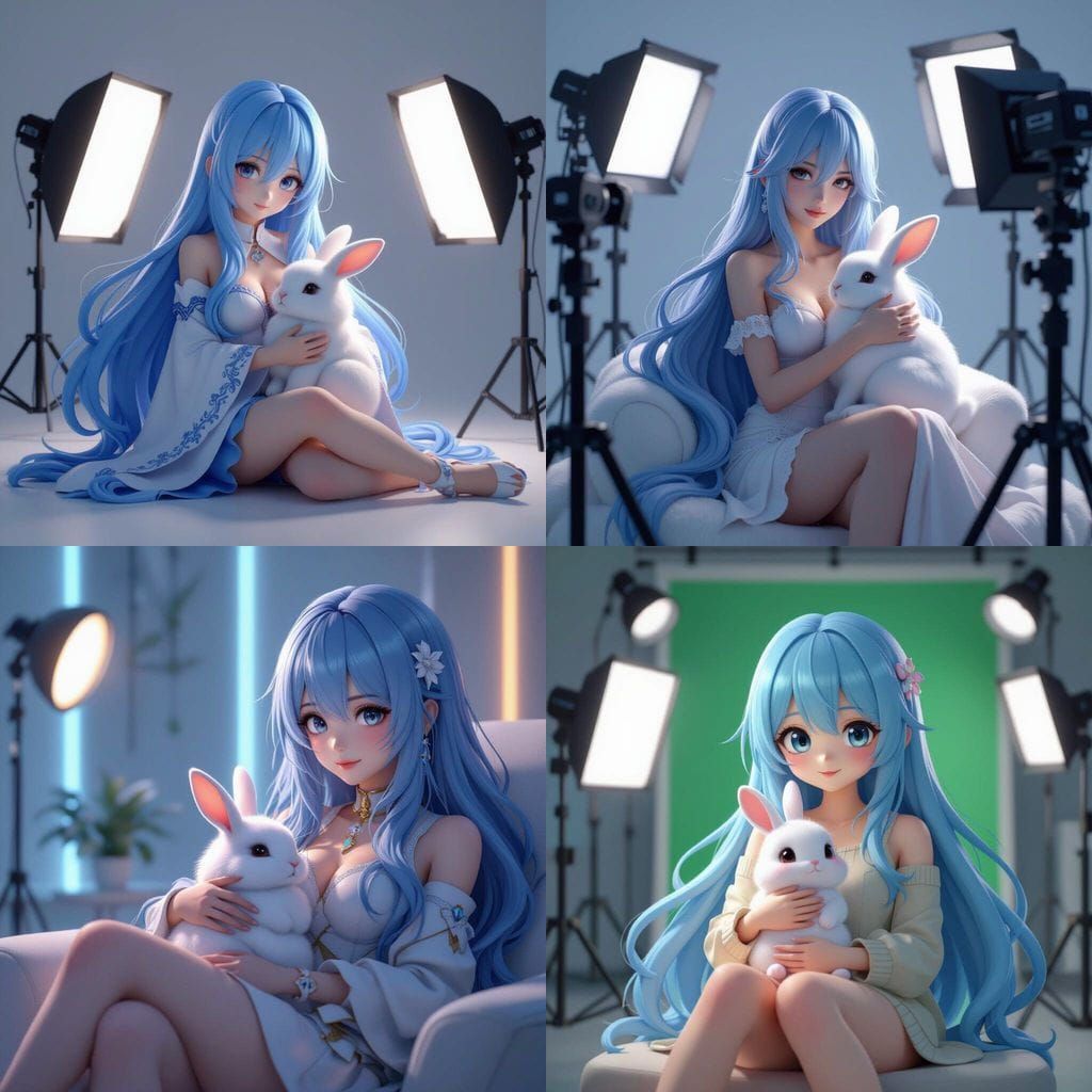 Blue-Haired Character With Rabbit in Video Studio
