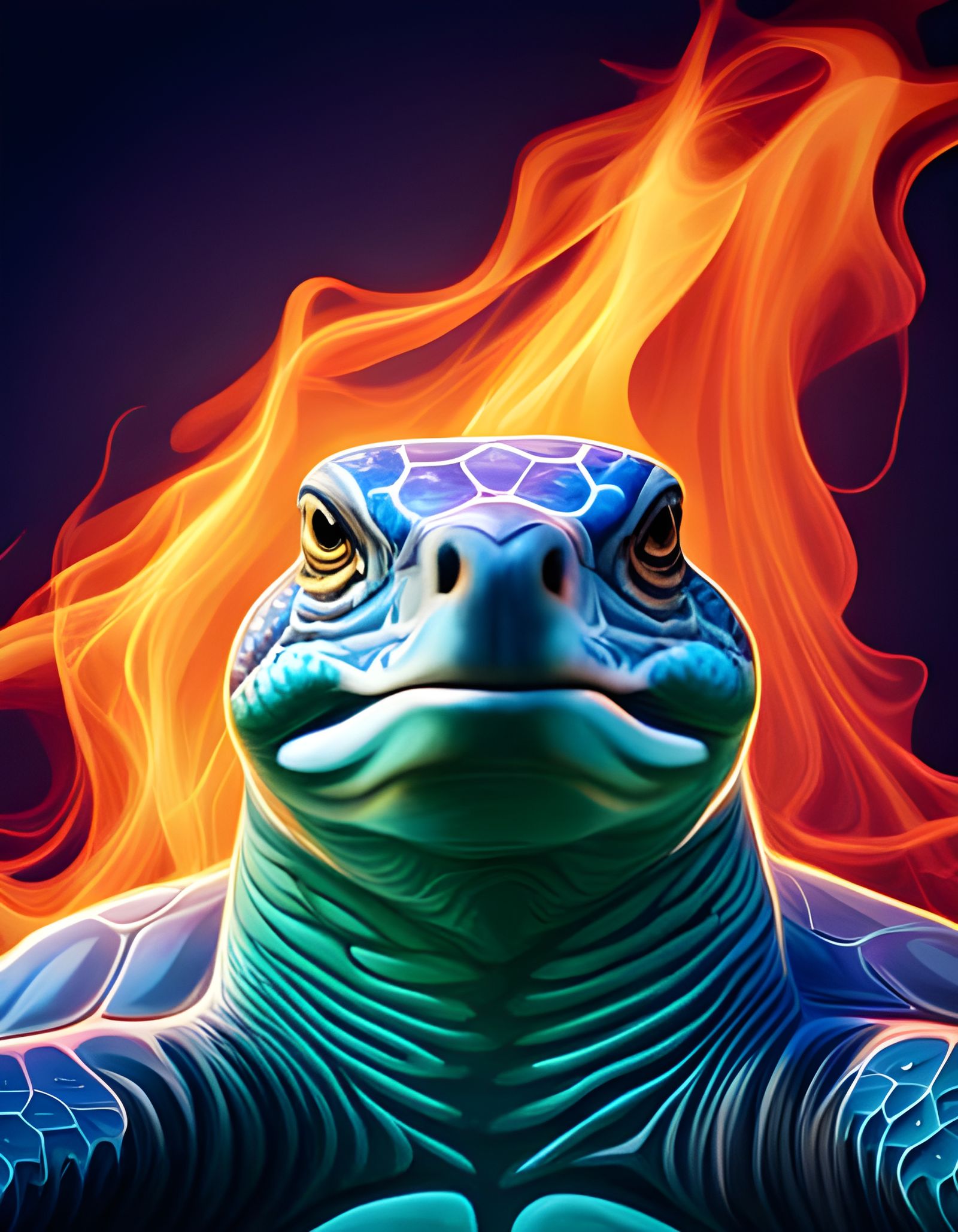 Flaming Turtle Portrait with Bold Colors