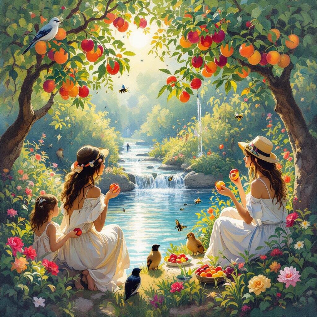 Idyllic Garden Scene in Impressionist Style