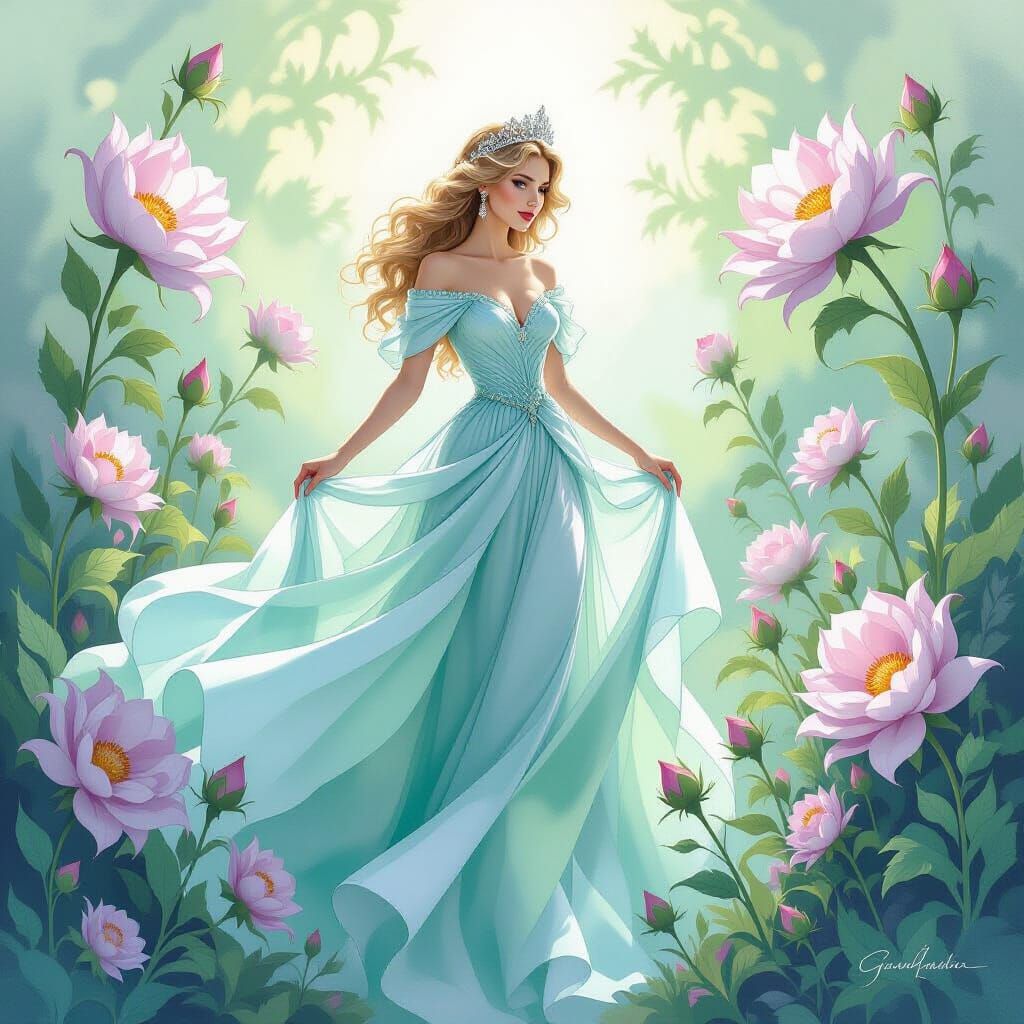 Regal Princess Diana Amidst Alien Flora in Gouache Style