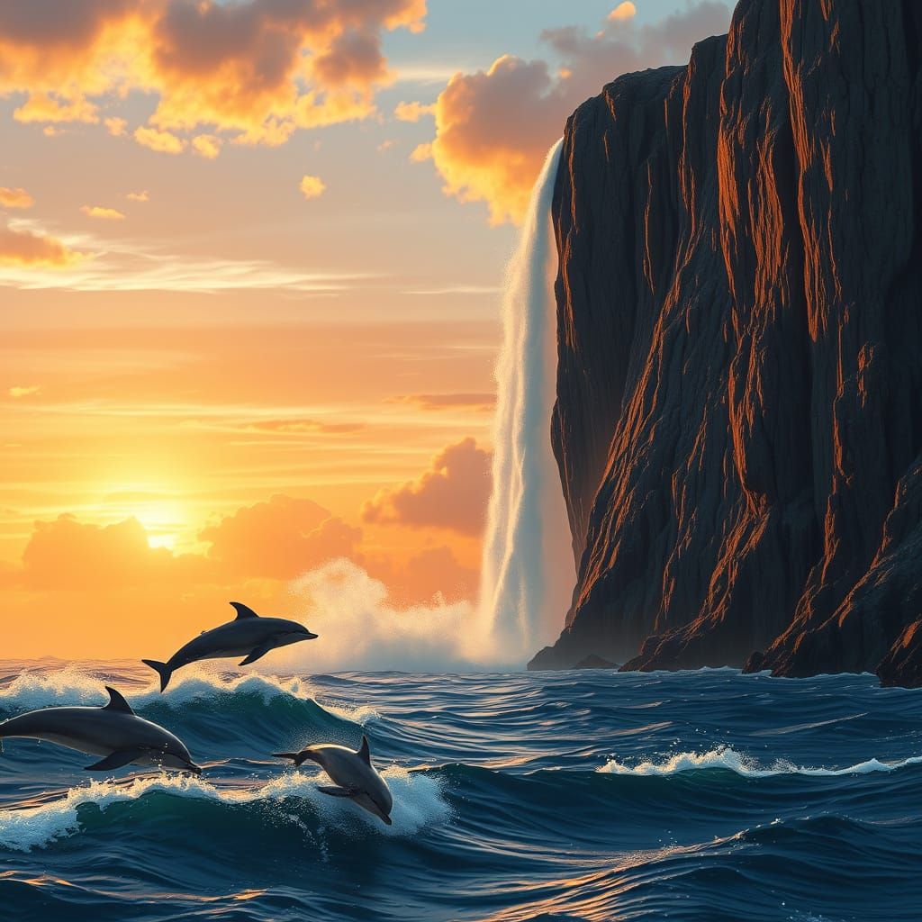 Realistic Waterfall Scene with Leaping Dolphins