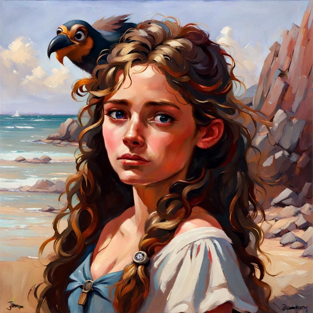Girl and Eagle in Dixieland Style, Oil Painting