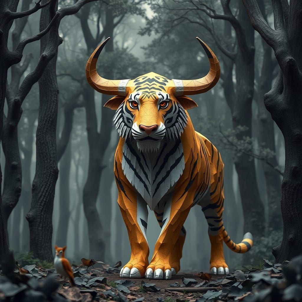 Majestic Bull-Tiger Hybrid in Origami Papercraft Style