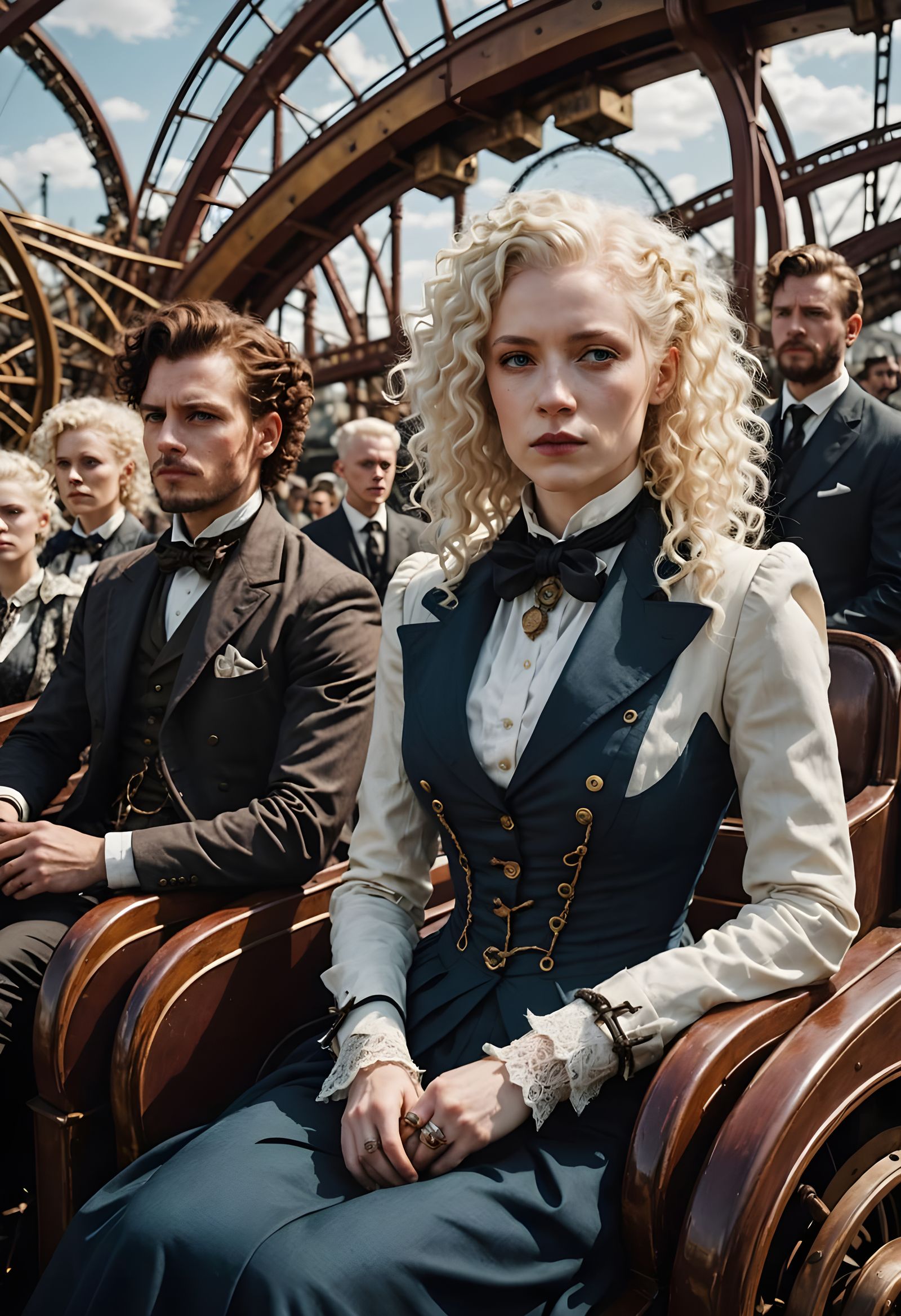 Sad Steampunk Roller Coaster with Formal Riders