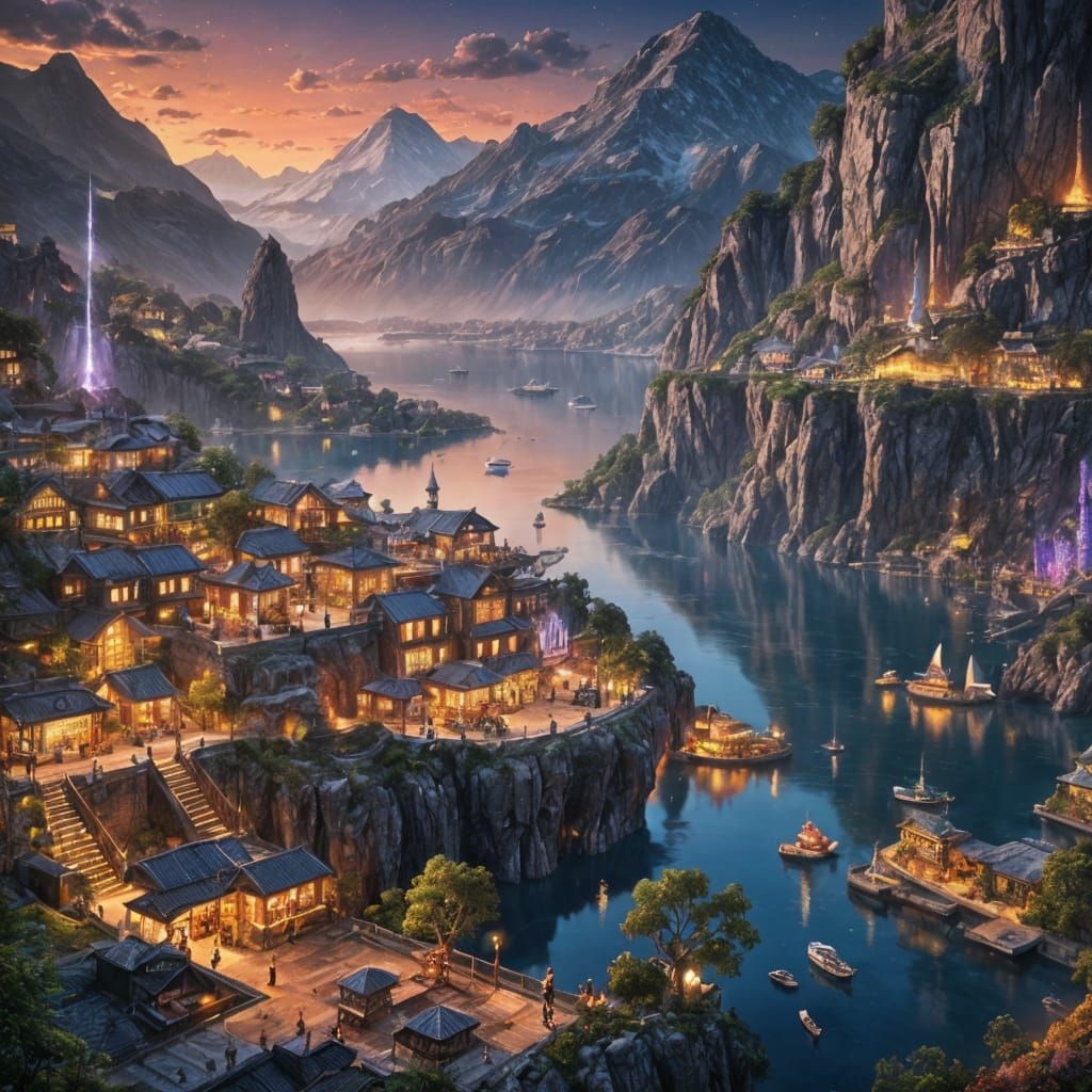 City Inside Mountain Lake: Detailed Matte Painting