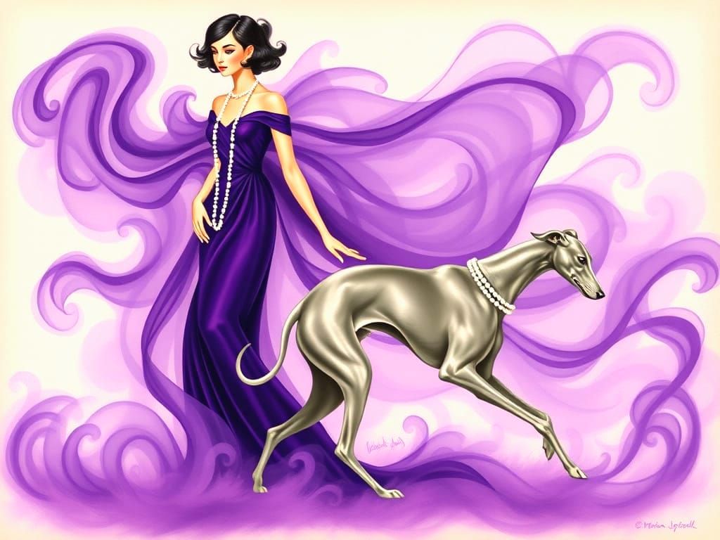 Art Deco Painting of Woman and Greyhound in Purple Mist