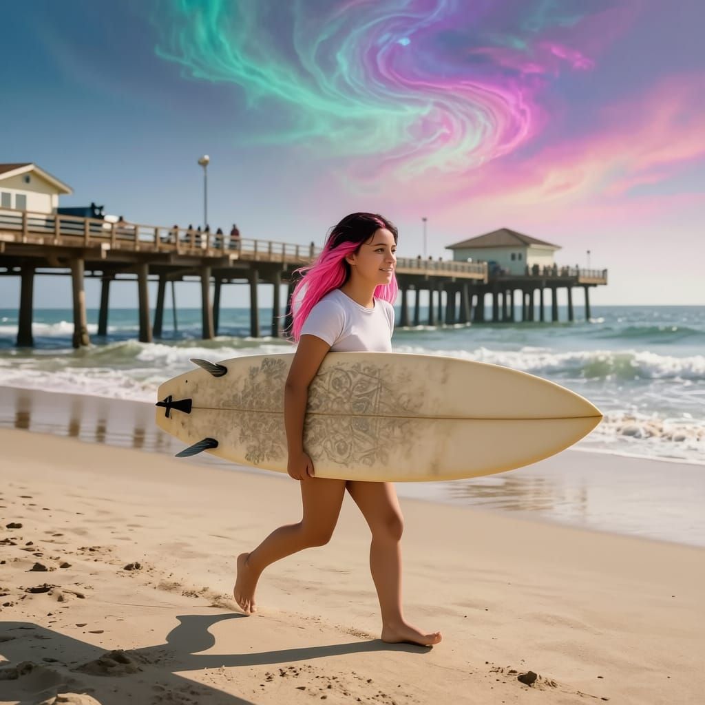 Surfer Girl on Venice Beach Under Nebula Sky