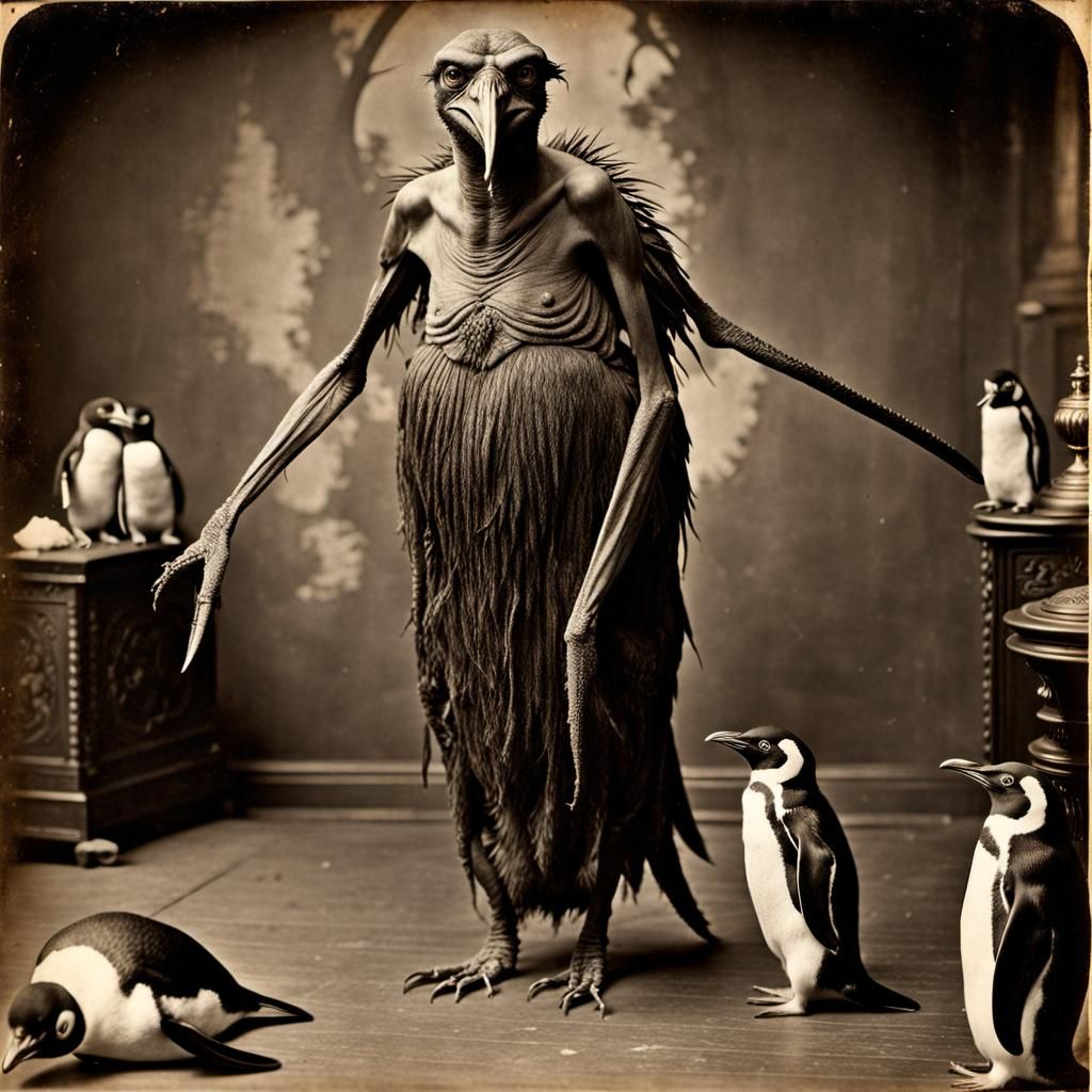 Grotesque Daemon and Penguin in Vintage Horror Photo