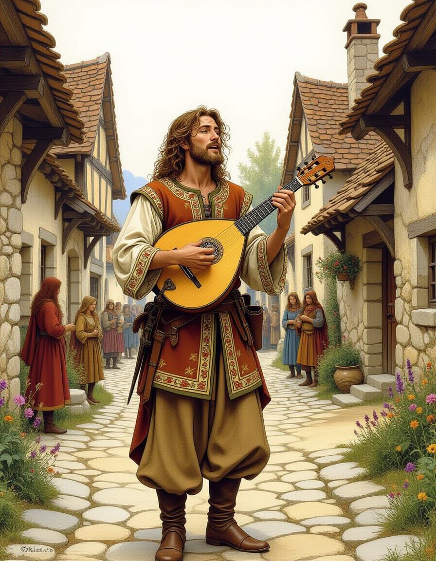 Medieval Minstrel Sings in Rustic Village in Fantasy Art Sty...
