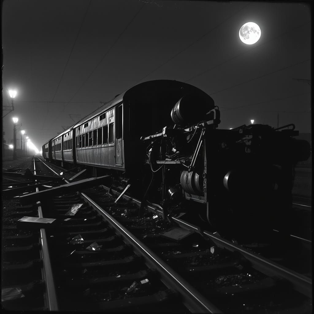 Train Wreck in a Nocturnal Noir Landscape