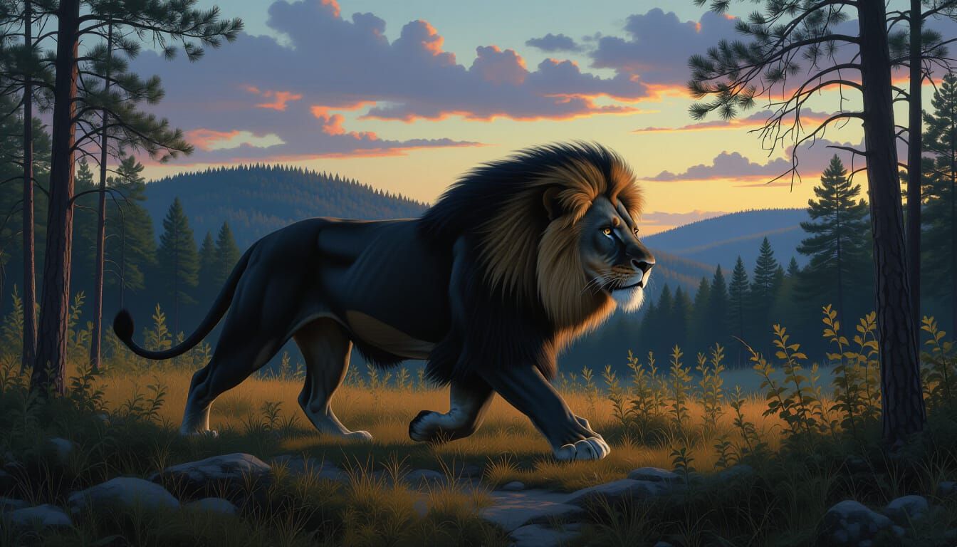 Primeval Lion Galloping in Twilight Forest Oil Painting