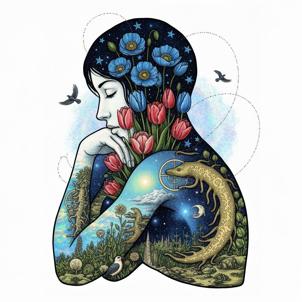 Dreamlike Concept Art: Woman Intertwined with Nature and Sta...