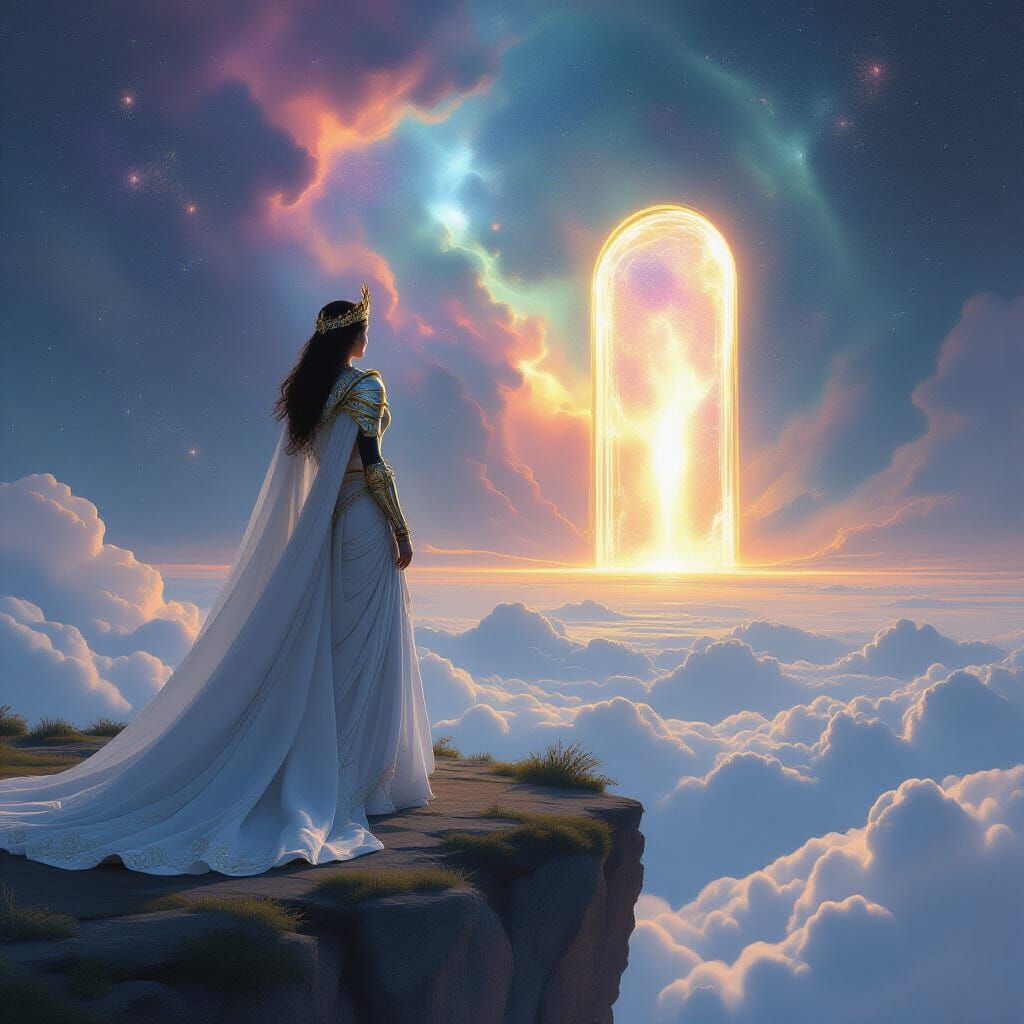 Ethereal Queen on Floating Island Overlooking Nebula