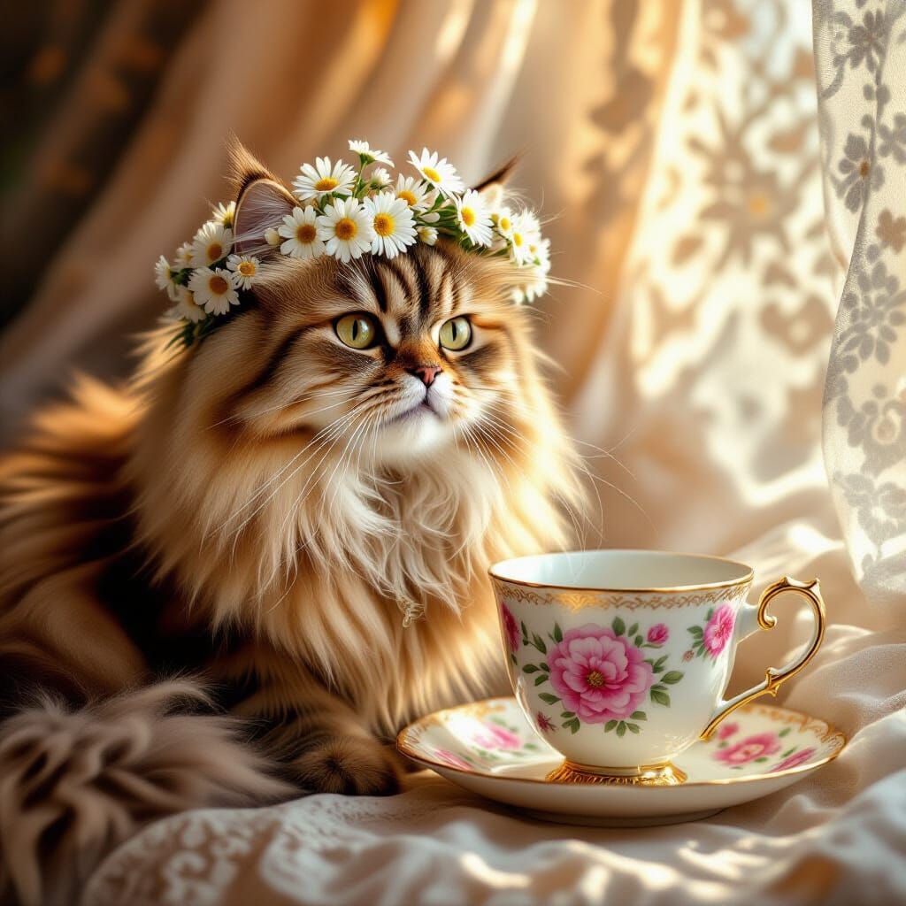 Persian Cat with Daisies in Art Nouveau Style