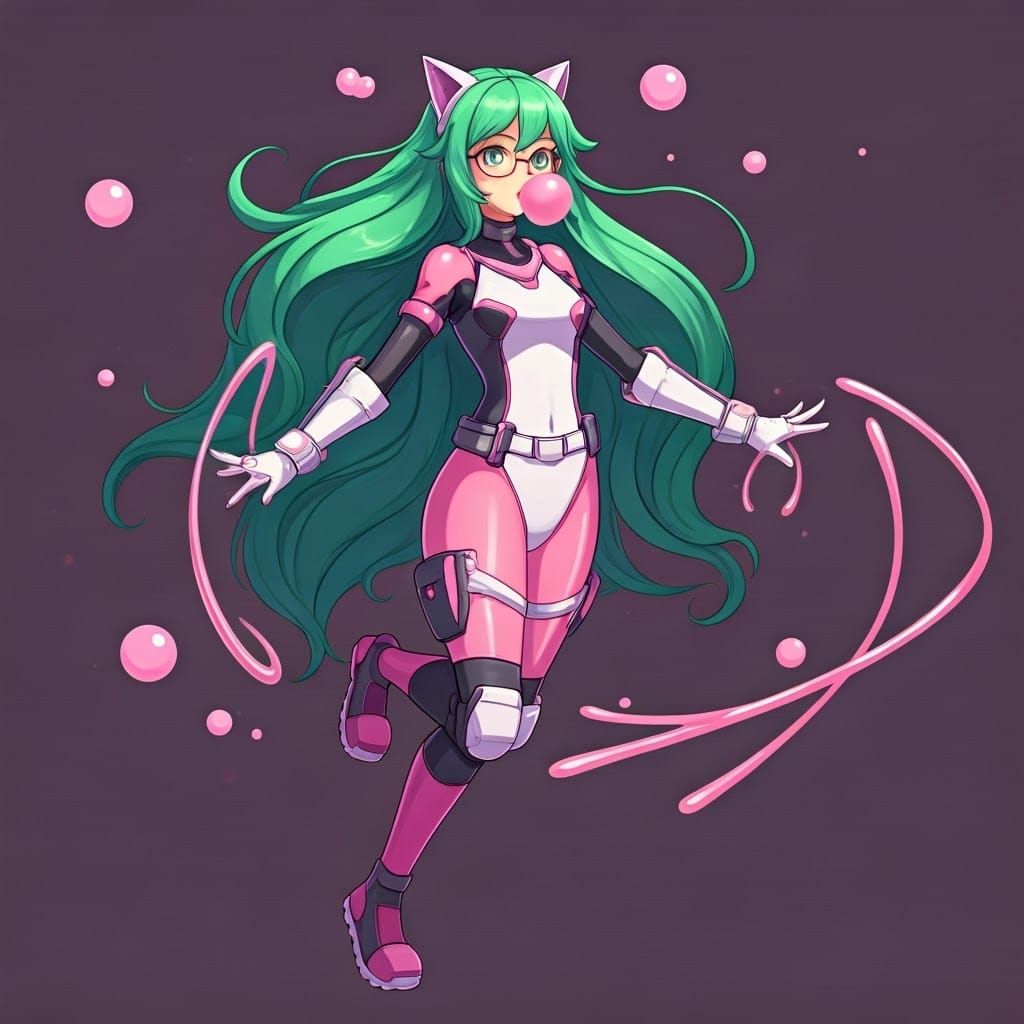 Whimsical Teenage Girl with Green Hair and Cat Ears Blows Bu...