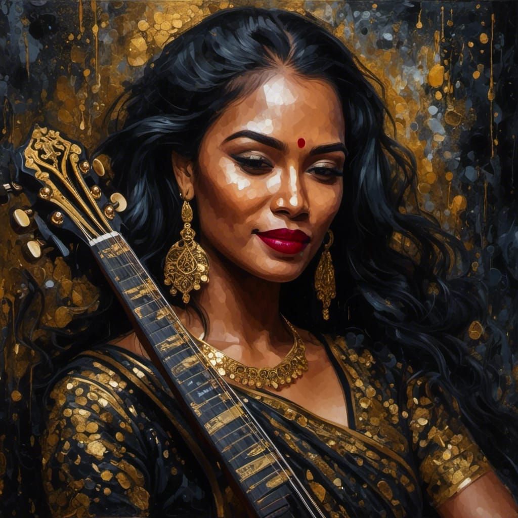 Indian Woman Playing Sitar as Liquid Pour Art