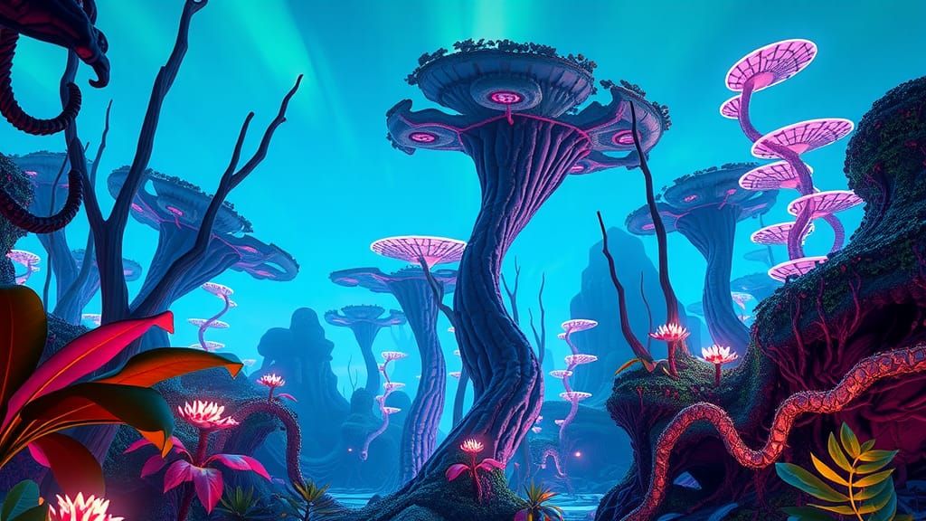 Bioluminescent Alien Forest Under Neon Sky