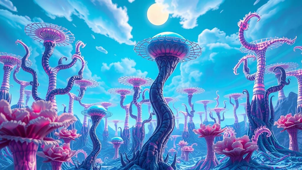 Ethereal Alien Forest Under Neon Sky