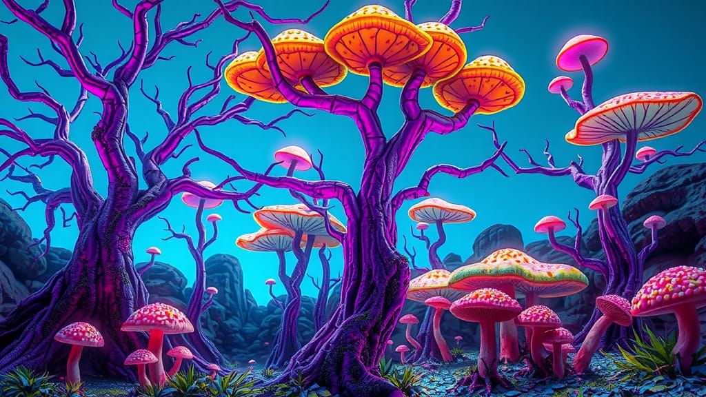 Bioluminescent Alien Flora Under Electric Neon Sky