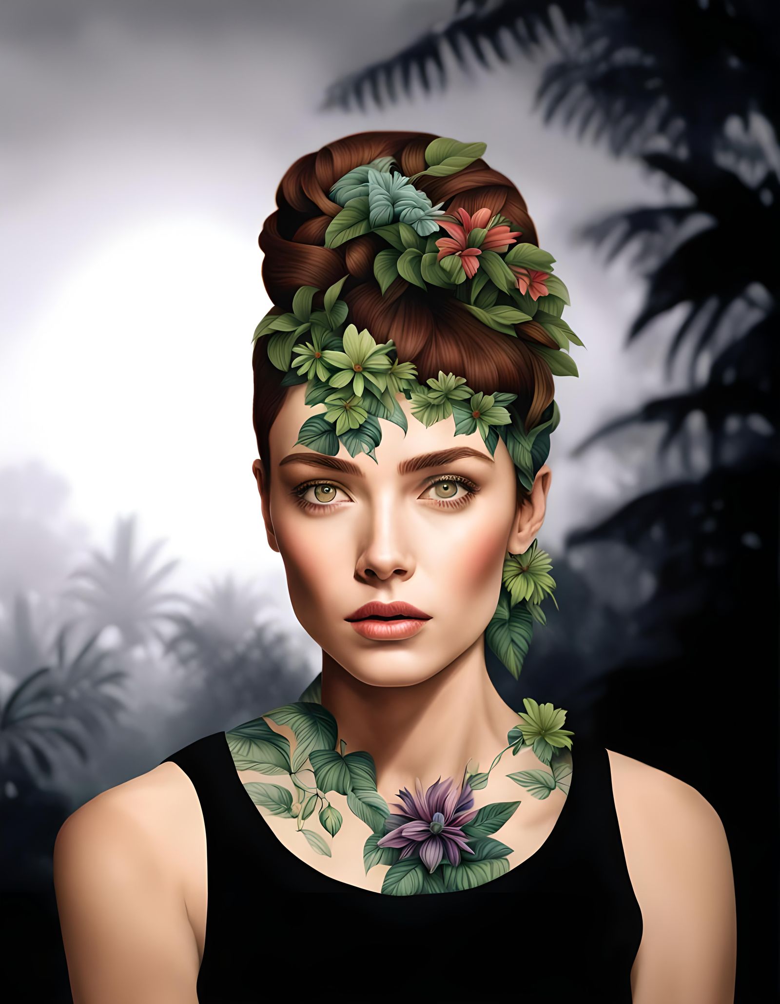 Woman in Jungle Portrait, Hyperrealistic Style