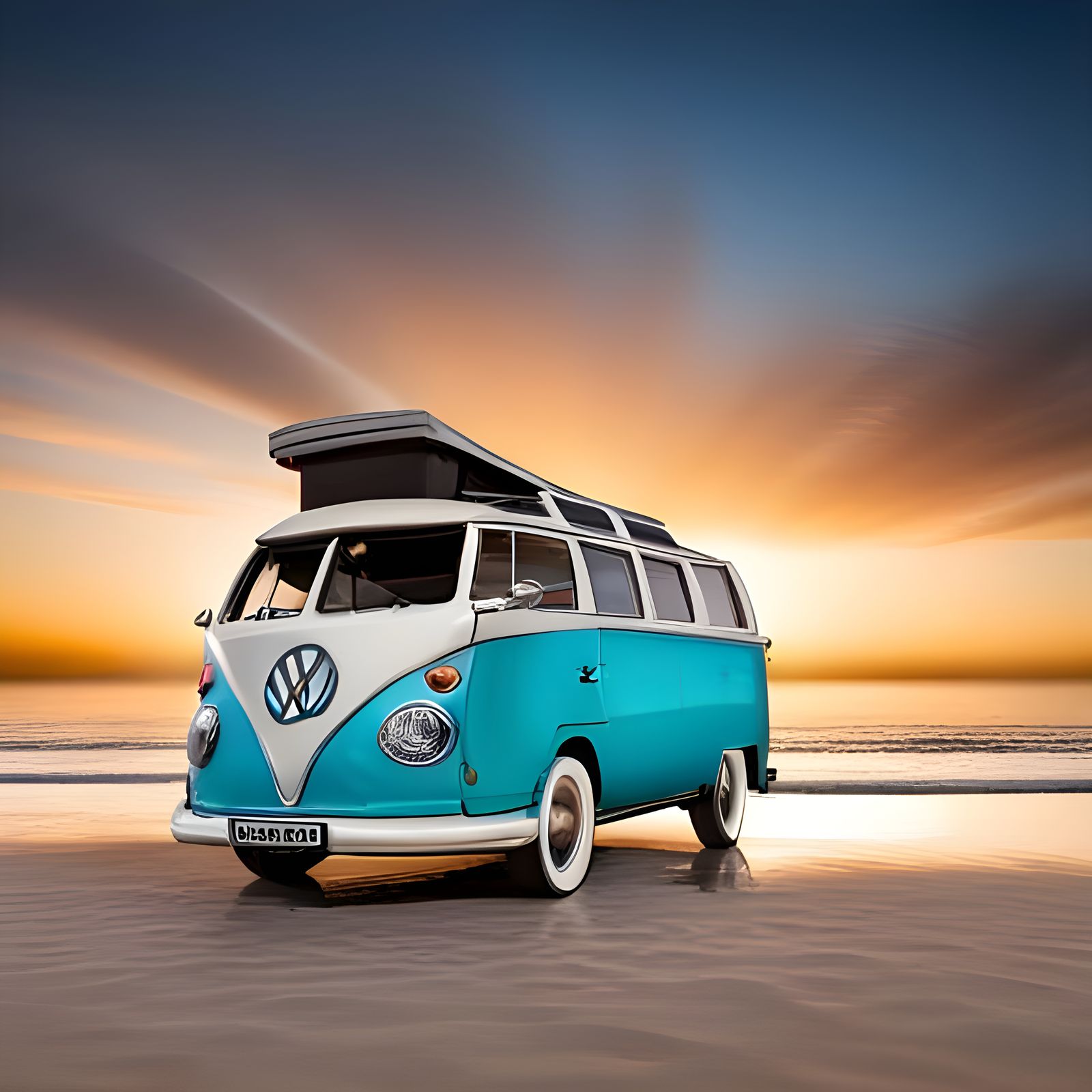 Winged VW Campervan Flies Over Sunset Beach