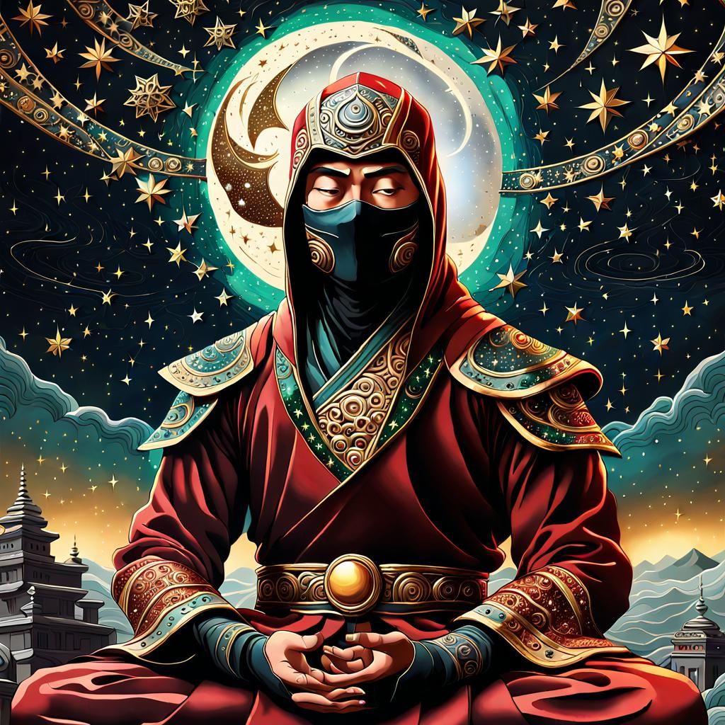 ninja meditating made of stars, looking up sky, ornate motifs, night sky with lots of stars, sta...